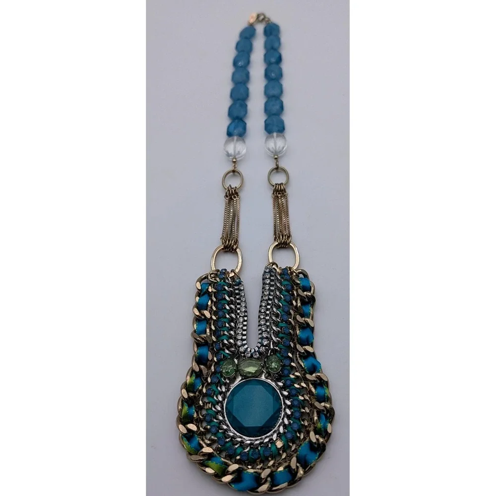 Stella & Dot Statement Necklace Blue Ribbon Mixed Metal Chain Bib Boho Crystal